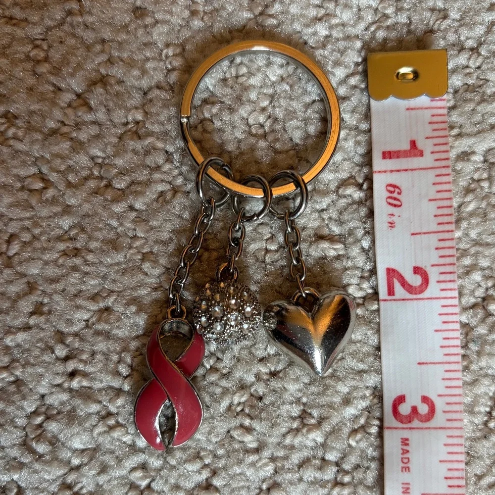 keychain bag charm silver heart, pink ribbon, rhinestone sphere